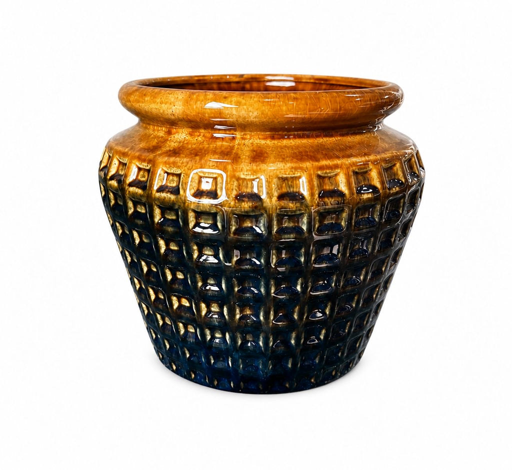 Vaso Decorativo Premium em Cerâmica - Acabamento Degrade Âmbar e Azul