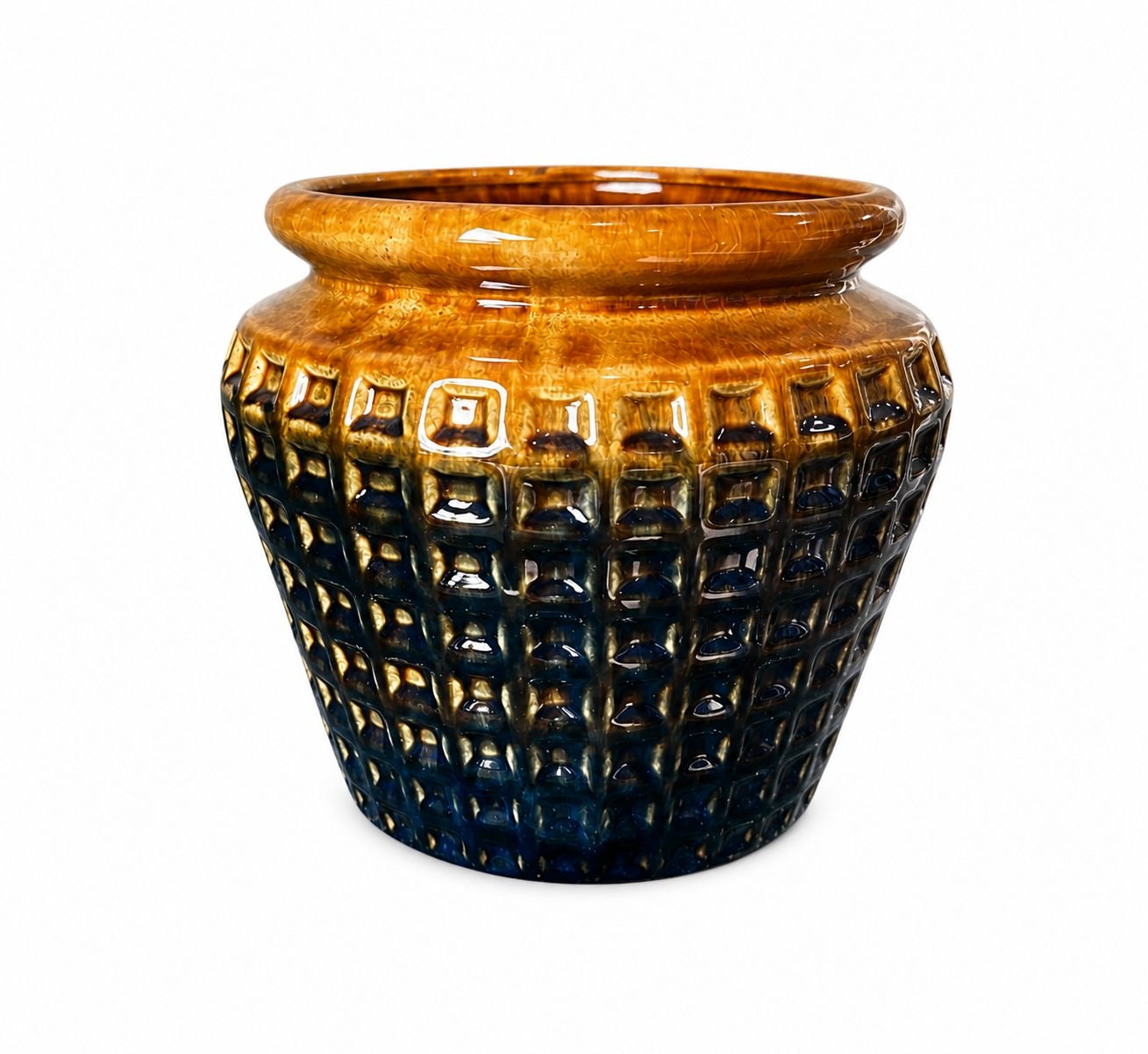 Vaso Decorativo Premium em Cerâmica - Acabamento Degrade Âmbar e Azul