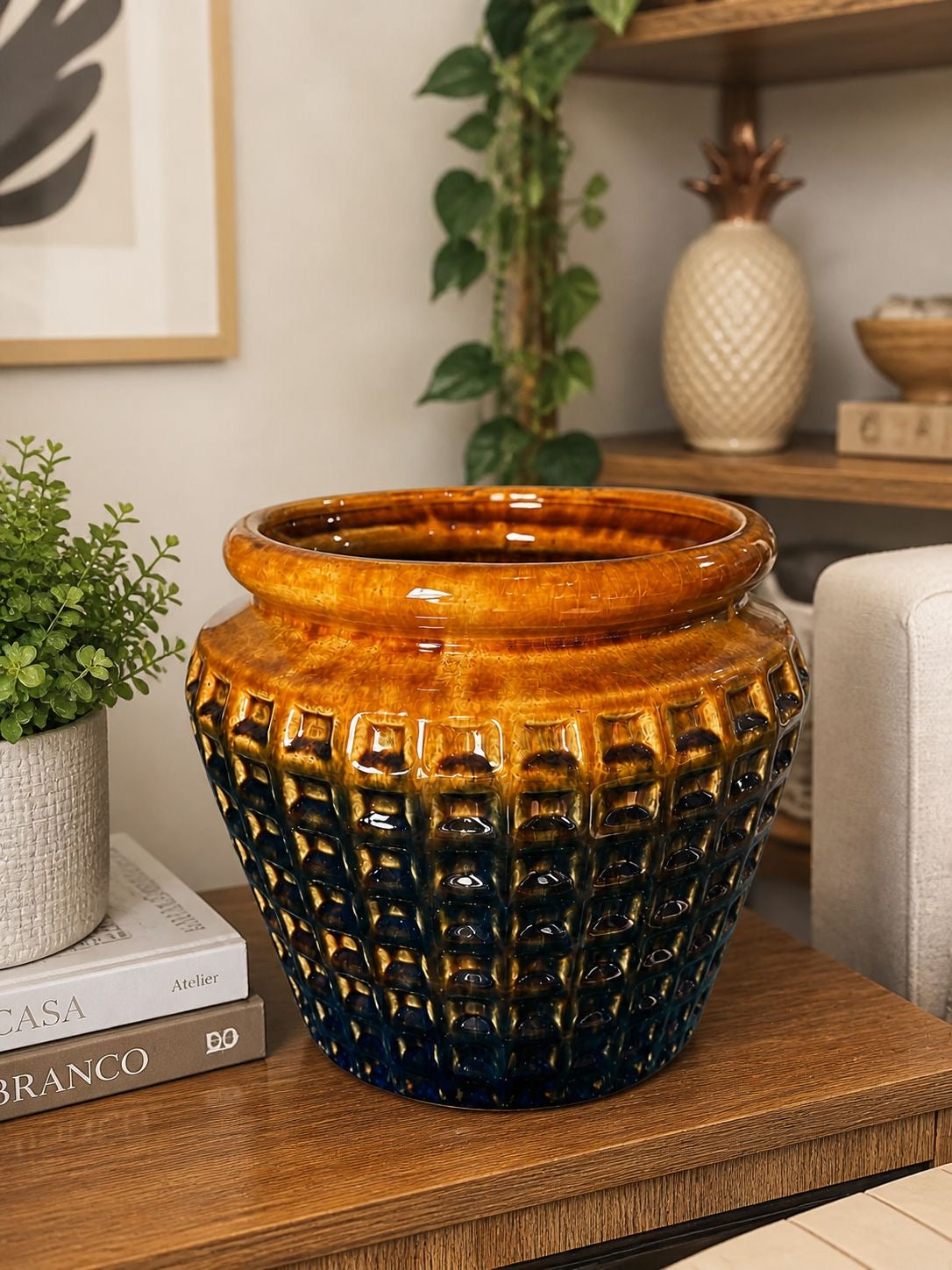 Vaso Decorativo Premium em Cerâmica - Acabamento Degrade Âmbar e Azul