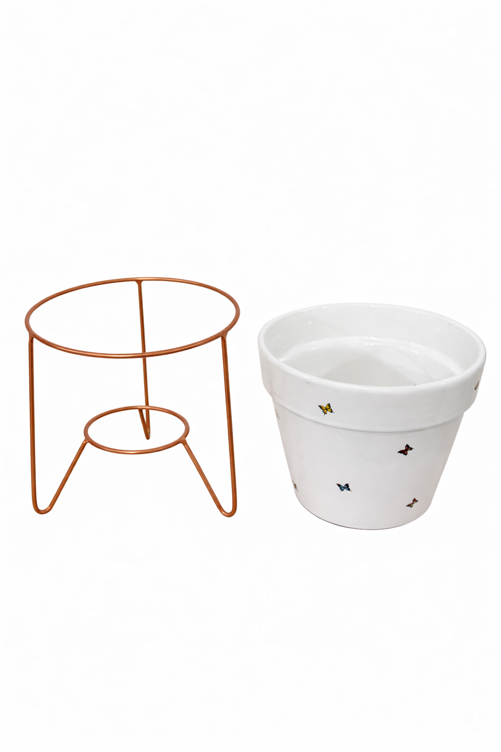 Vaso de Cerâmica estampa borboleta com suporte metal