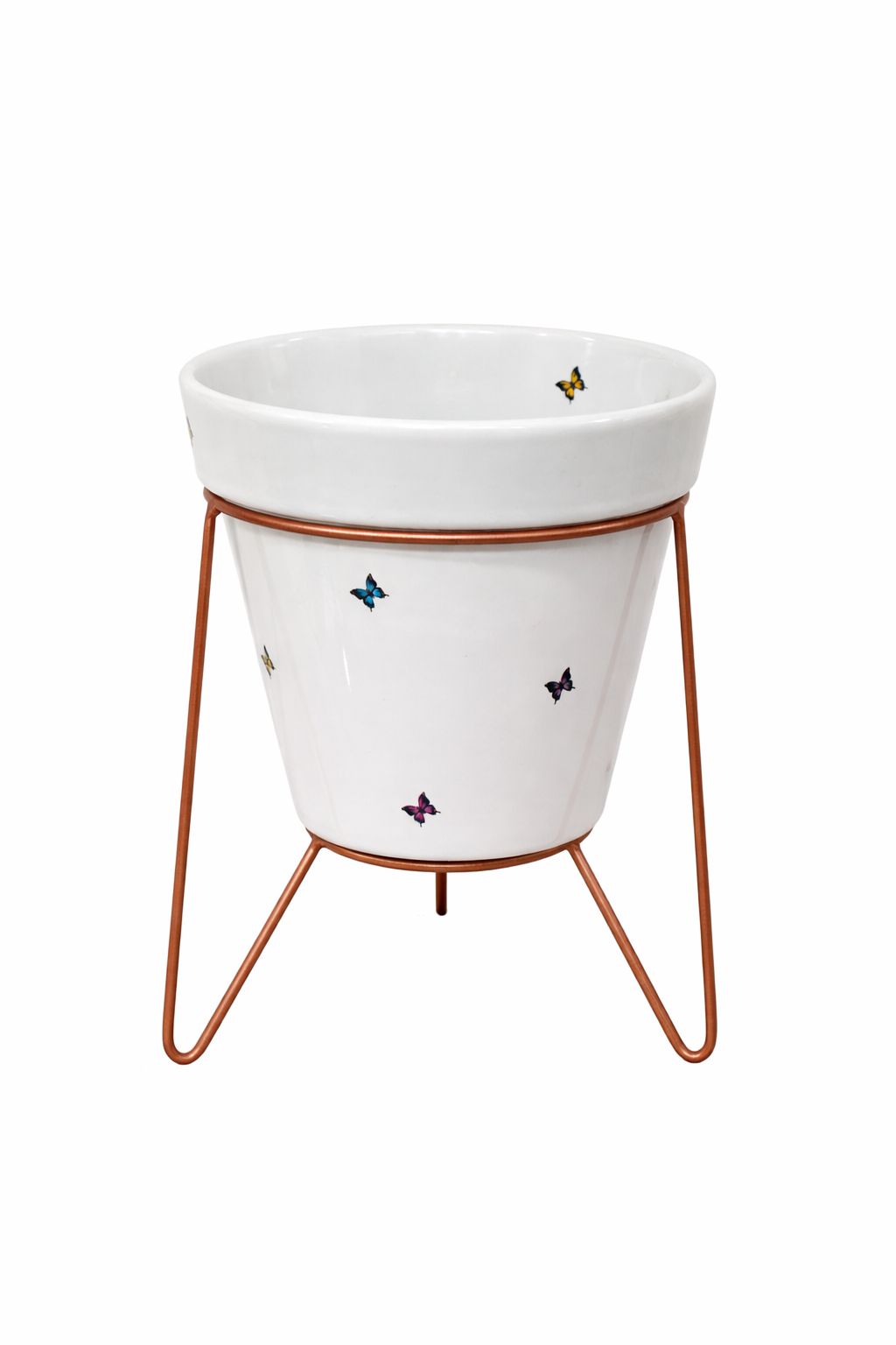 Vaso de Cerâmica estampa borboleta com suporte metal