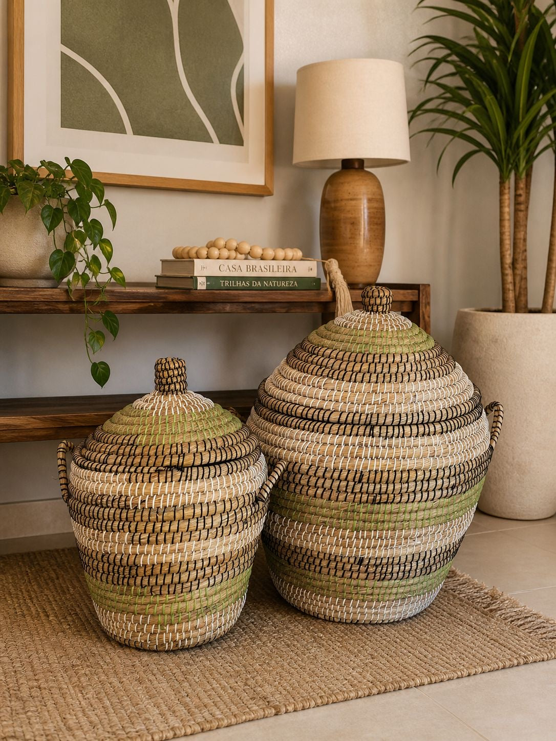 Cesto Decorativo Artesanal com Tampa - Fibra Natural Trançada