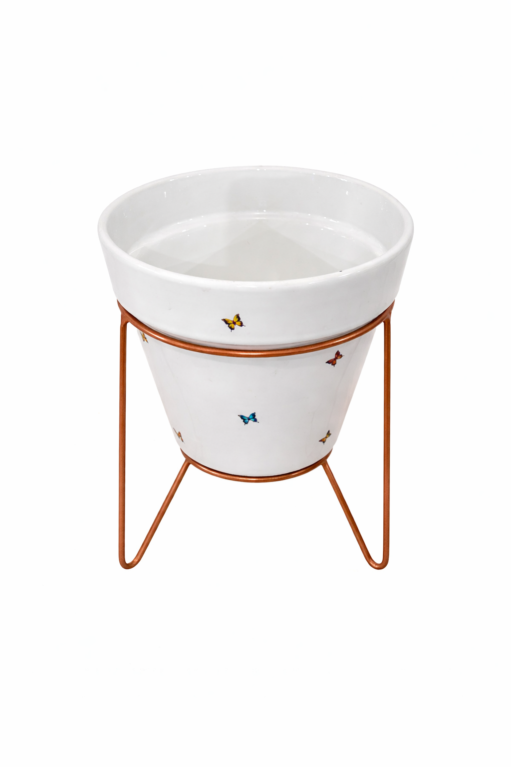 Vaso de Cerâmica estampa borboleta com suporte metal