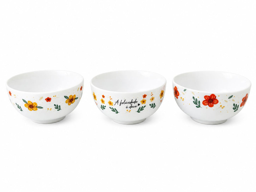 Jogo de Xícaras e Bowls em Cerâmica - Estampa Floral