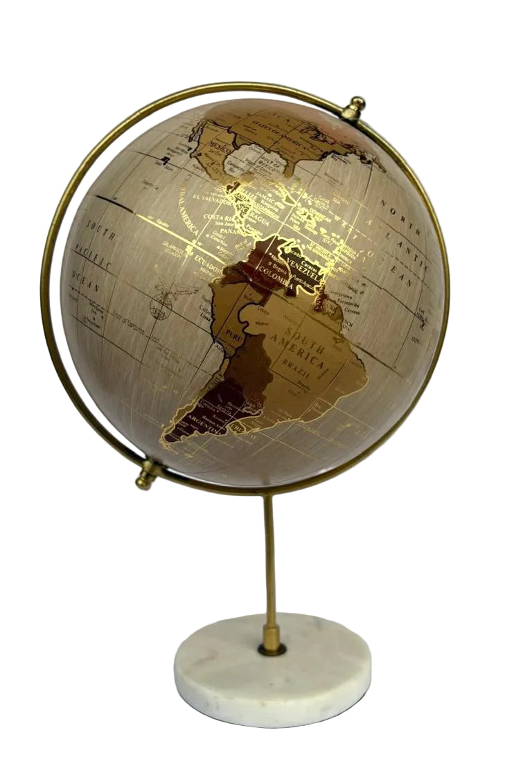 Globo Terrestre Decorativo Metal e Mármore Branco
