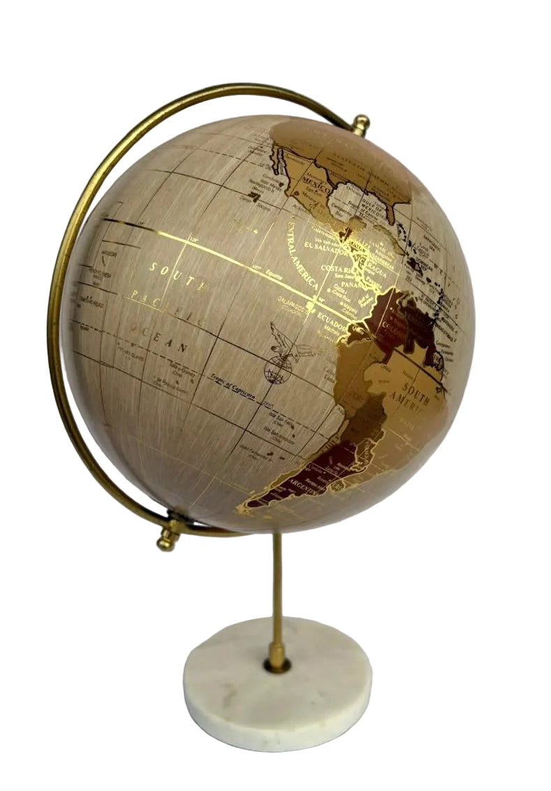 Globo Terrestre Decorativo Metal e Mármore Branco