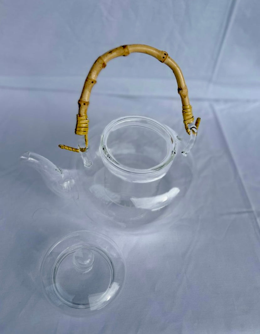 Chaleira de Vidro com Infusor Chá Café Bule Cabo Bambu