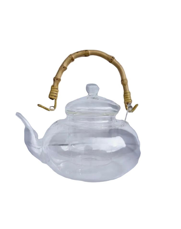 Chaleira de Vidro com Infusor Chá Café Bule Cabo Bambu