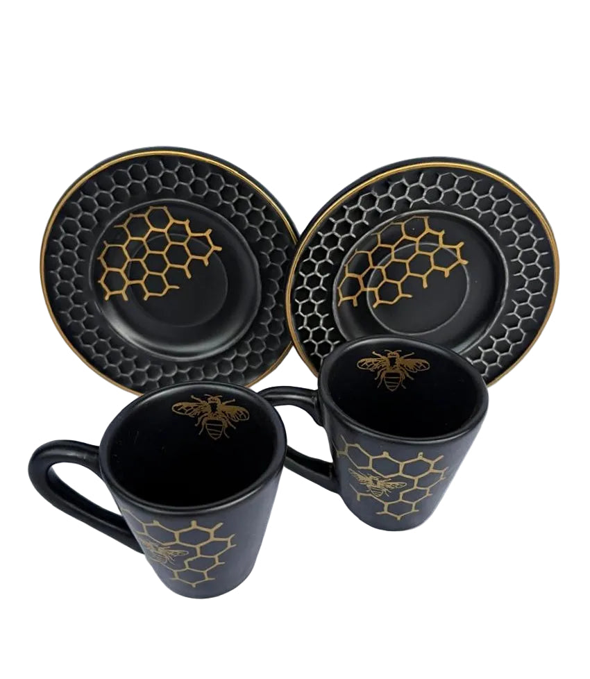 Conjunto 6 Xícaras Preto Fosco Abelha Colmeia