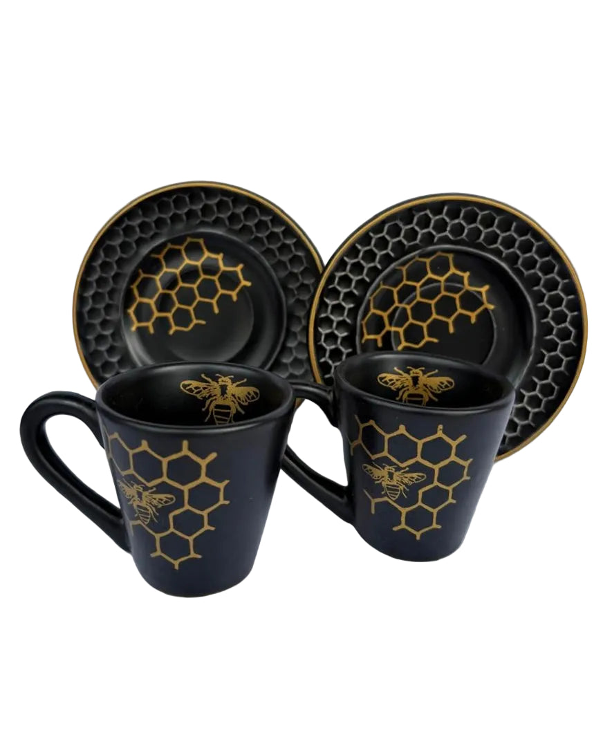 Conjunto 6 Xícaras Preto Fosco Abelha Colmeia