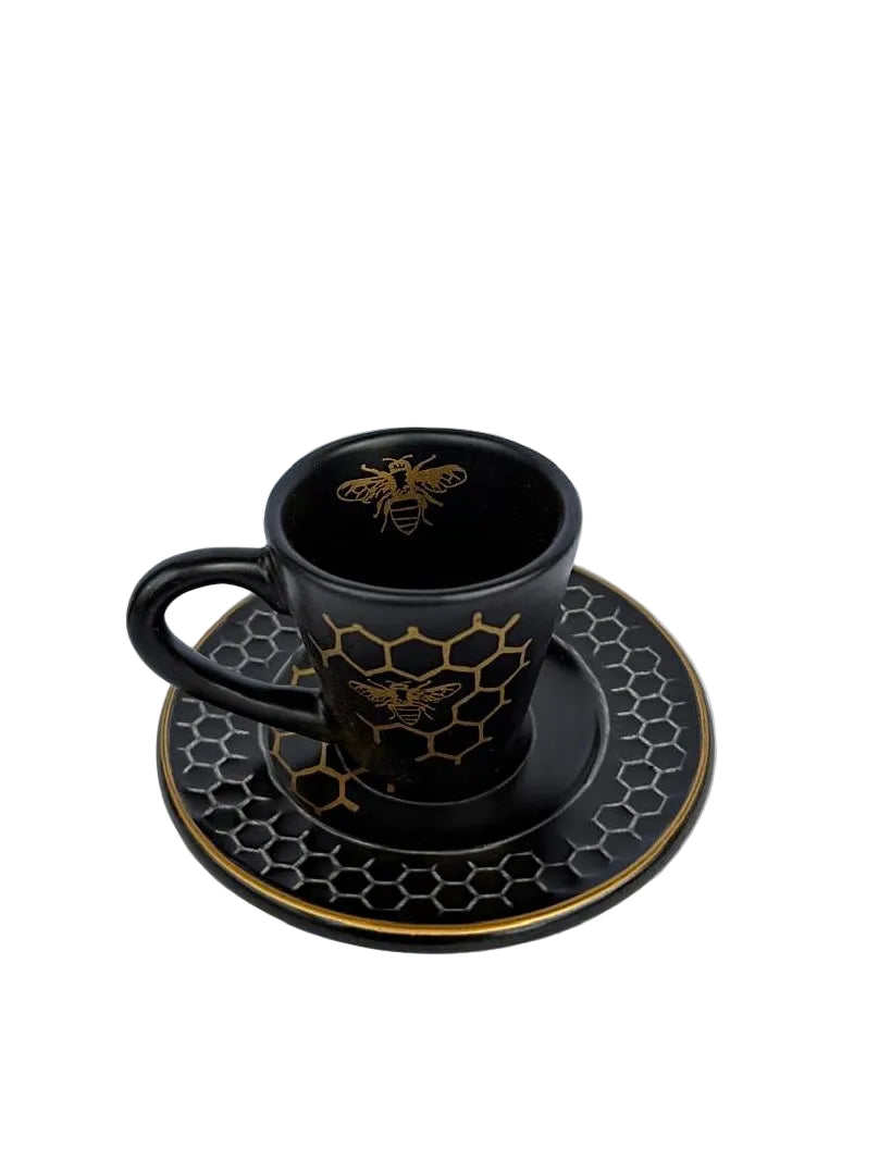 Conjunto 6 Xícaras Preto Fosco Abelha Colmeia