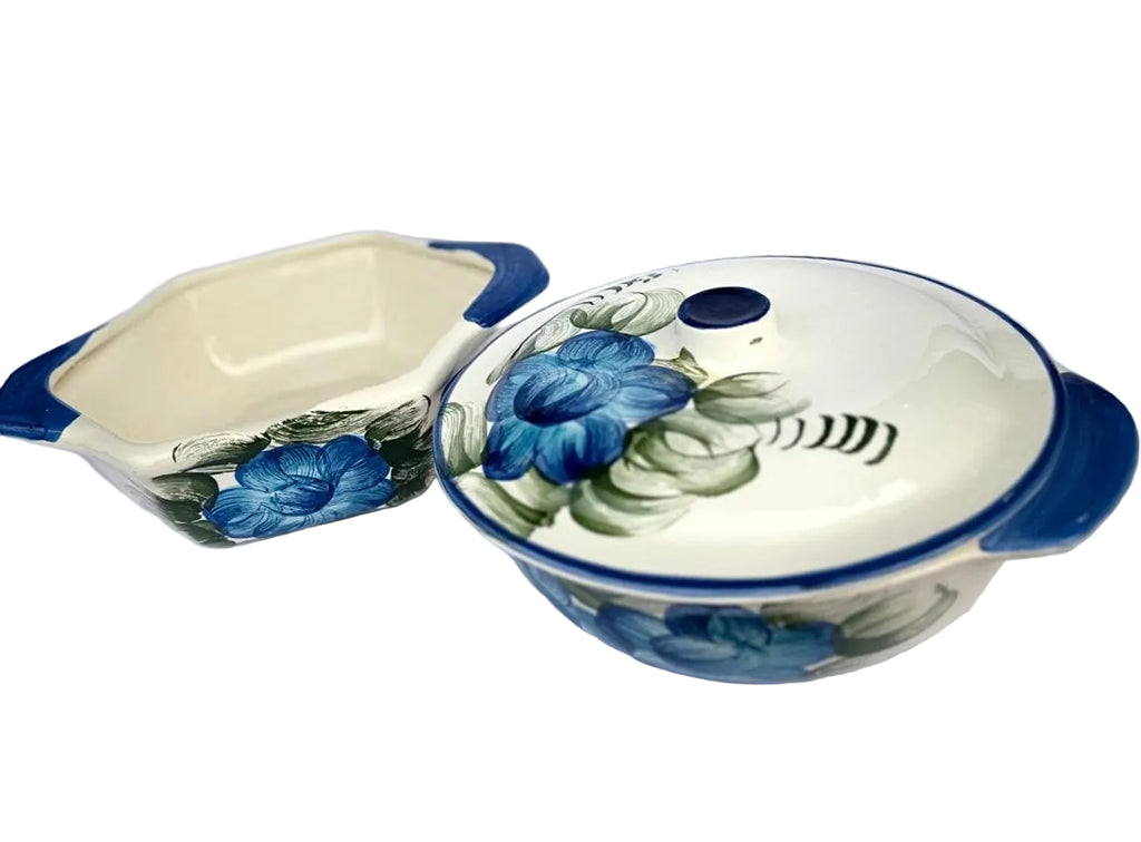Conjunto Sopeira e Travessa Sextavada em Cerâmica Azul Floral Azul