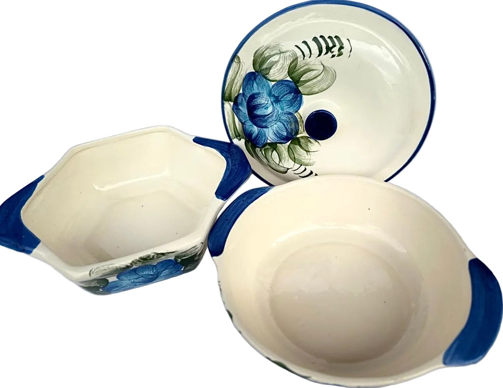 Conjunto Sopeira e Travessa Sextavada em Cerâmica Azul Floral Azul