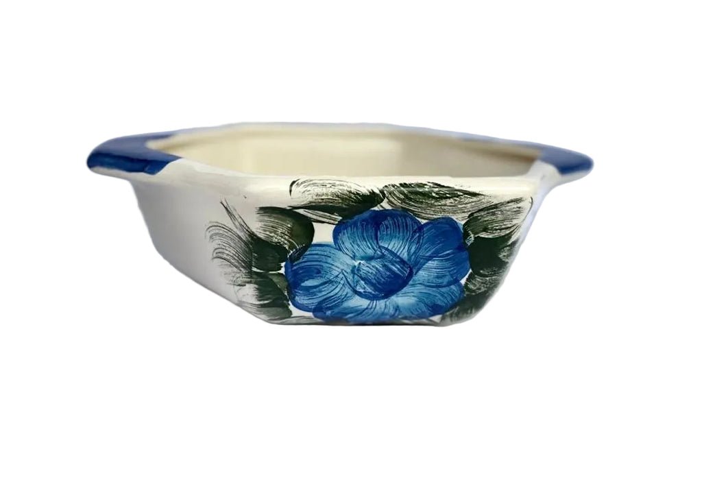 Conjunto Sopeira e Travessa Sextavada em Cerâmica Azul Floral Azul
