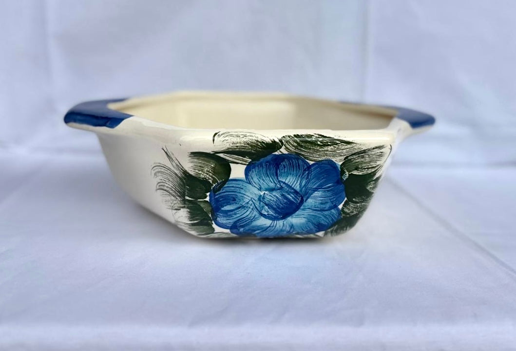 Conjunto Sopeira e Travessa Sextavada em Cerâmica Azul Floral Azul